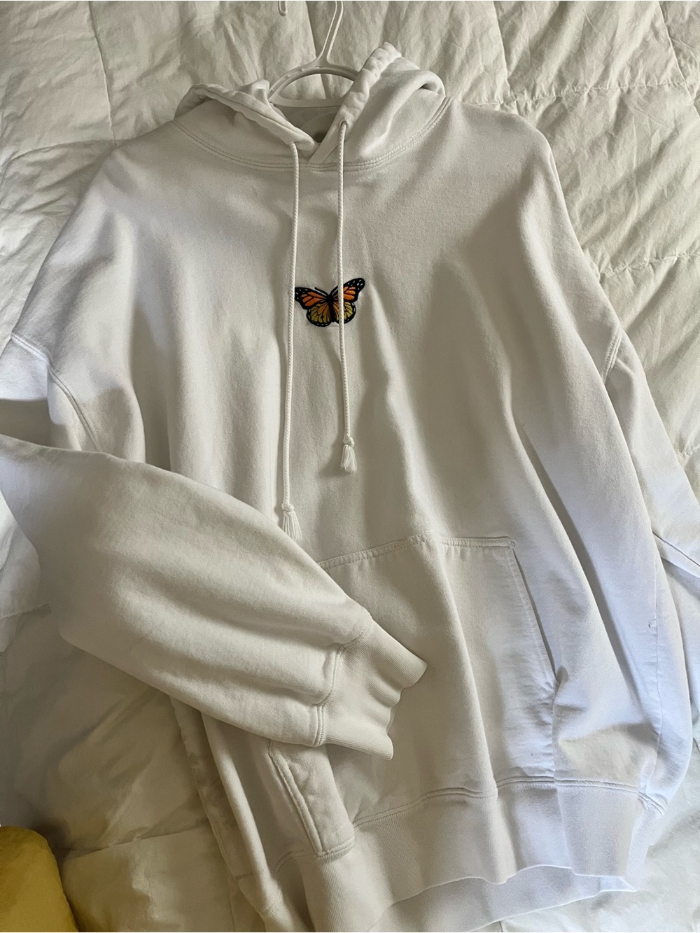 Brandy Melville White Hoodie with Orange Butterfly Embroidered Patch